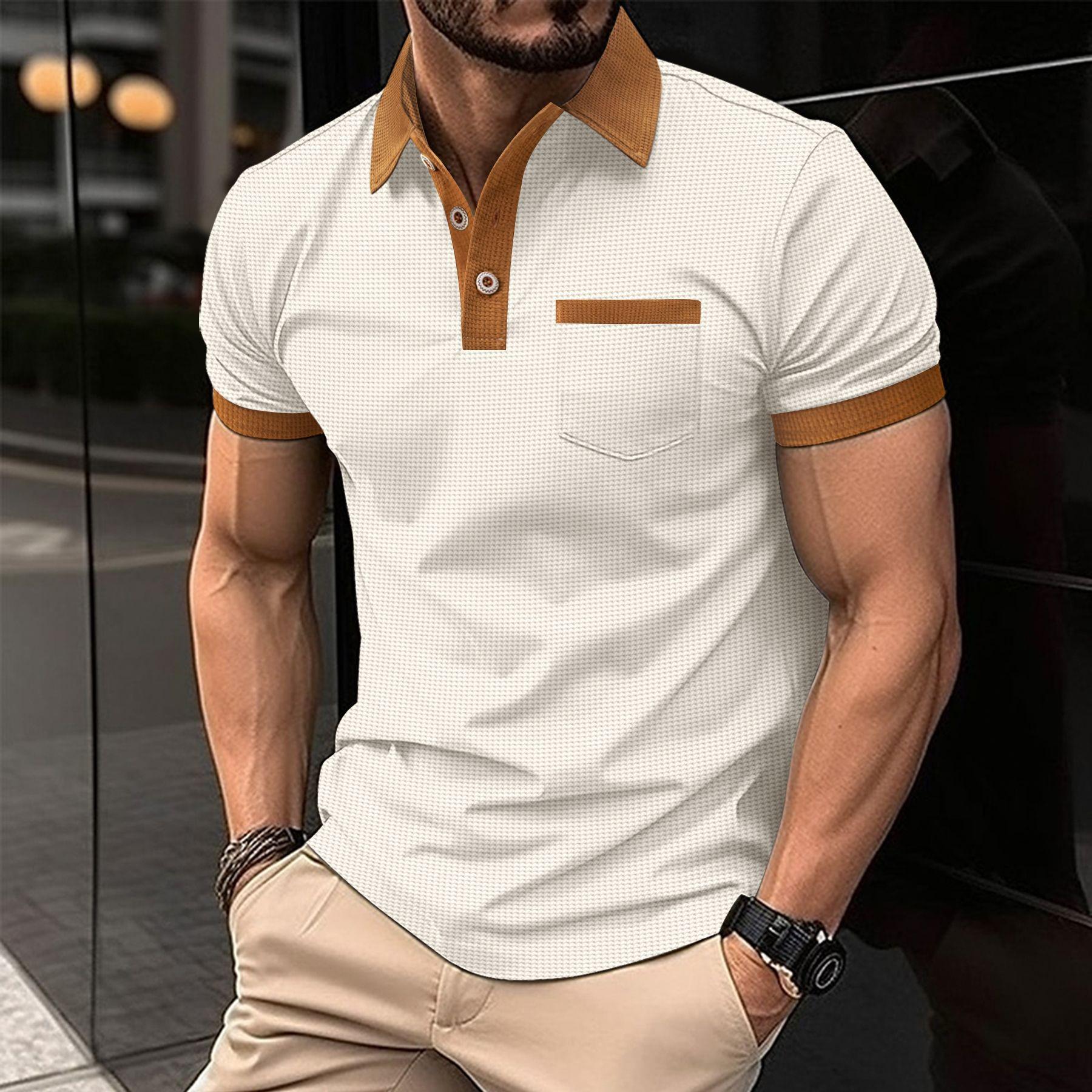 

Men s Waffle Polo Shirt with Chest Pocket - Color Block Short Sleeve Button T-shirt (2025 Trendy Style) XXL хаки