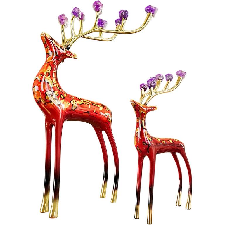 Aris & Juno Hand-Painted Copper Deer Statue Pair with Crystal Floral Antler Decor, Modern Oriental Lacquer Art Sculpture for Living Room Entryway