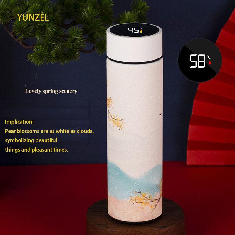304 Stainless Steel Insulated Water Bottle 500ml Chinese Style Gift Flask with Temp Display Outdoor Portable Cup