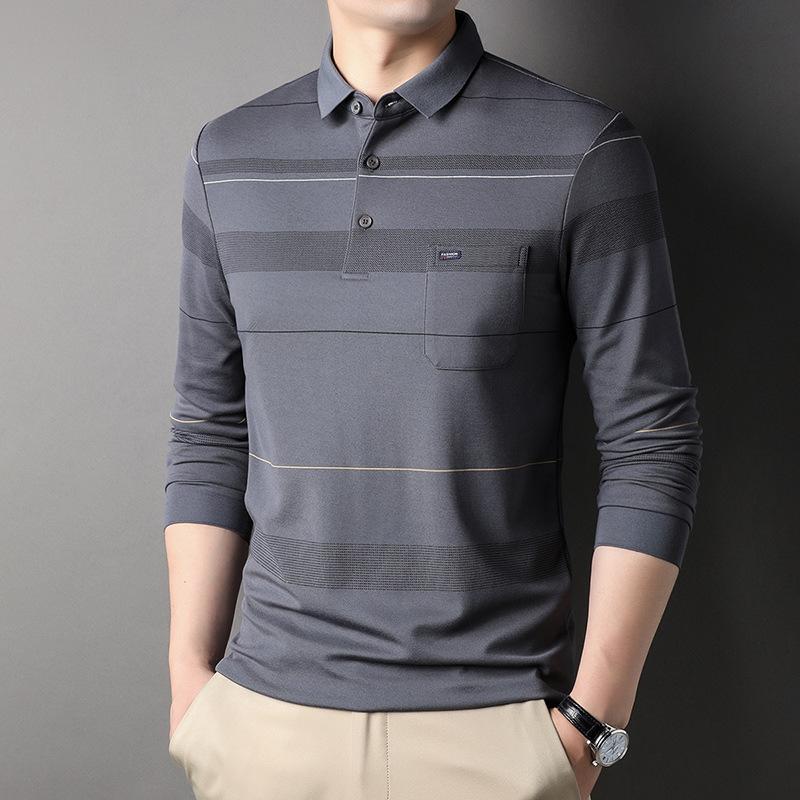 Autumn New Style Long-sleeved POLO Shirt with Pocket, Middle-aged Men's Casual Striped Bottoming T-shirt, Dad's Fashion Trend