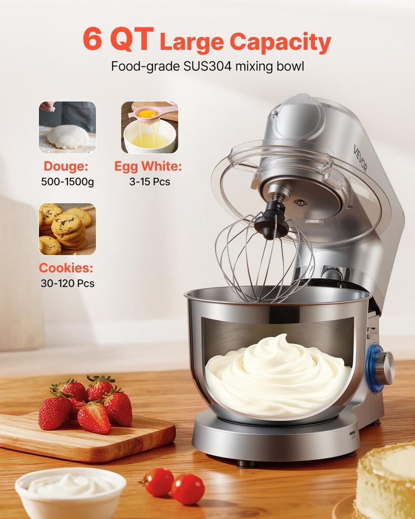 Küchenmaschine, 6 L Elektrische Küchenmaschine, 1500W Teigkneter, 6+P Geschwindigkeiten Kippkopf-Küchenmixer mit 1,5 L Mixbecher, Edelstahlschüssel, Knethaken,