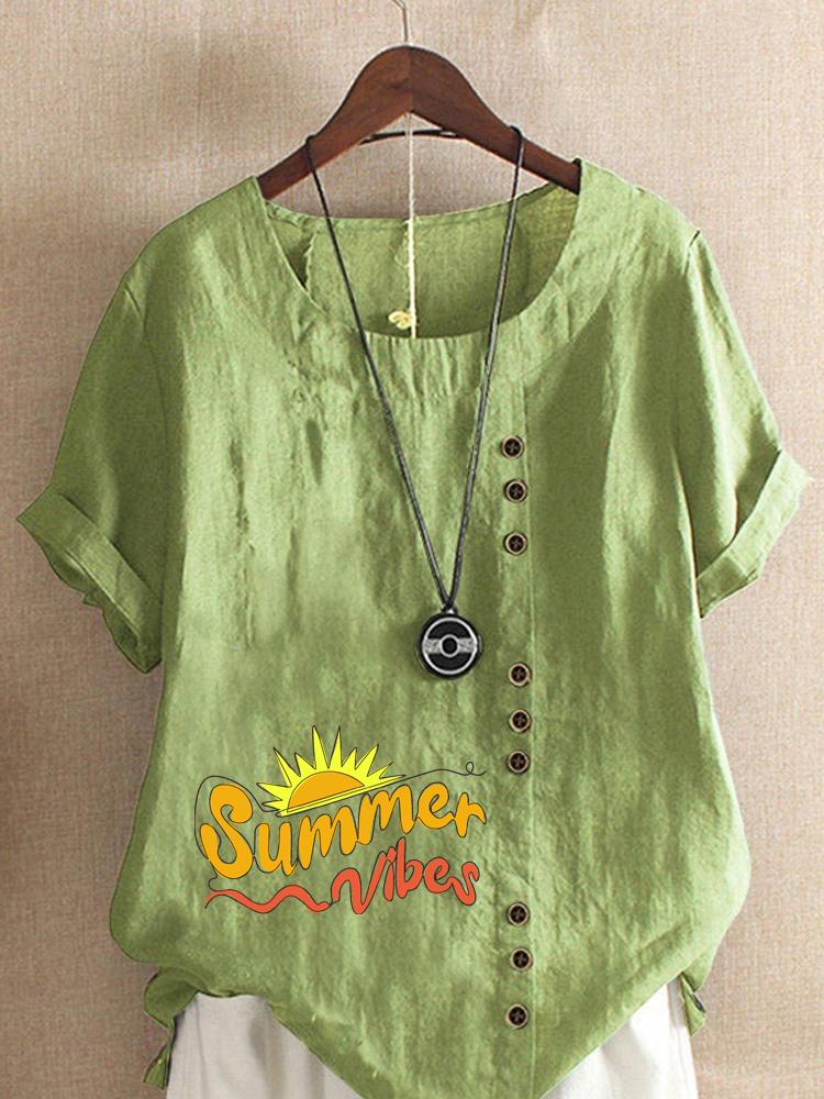 Women's Fashion Letter Print Round Neck Short Sleeve T-shirt Casual Cotton Linen Graphic Shirt Leisure Loose Summer Blouse Tops