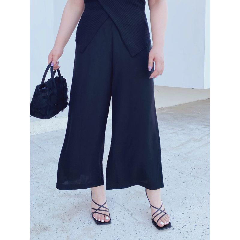 Miss Biggie European and American Plus size Slimming Versatile Comfortable Chiffon Pocket High Waist Capri Straight Wide Leg Pants