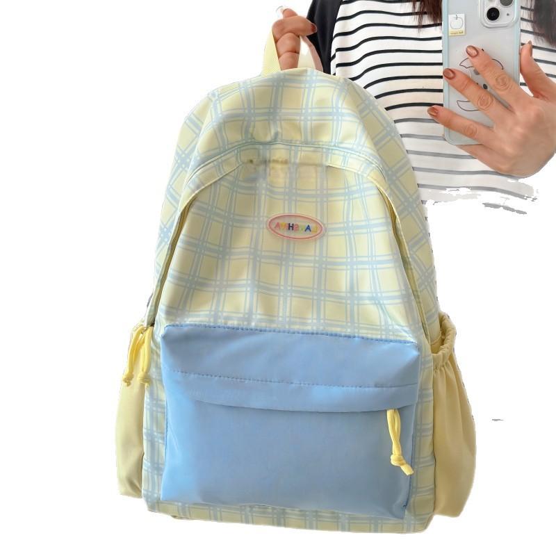 Schoolbag high value ins fresh and sweet plaid contrasting color splicing backpack junior high school high school lightweight backpack student