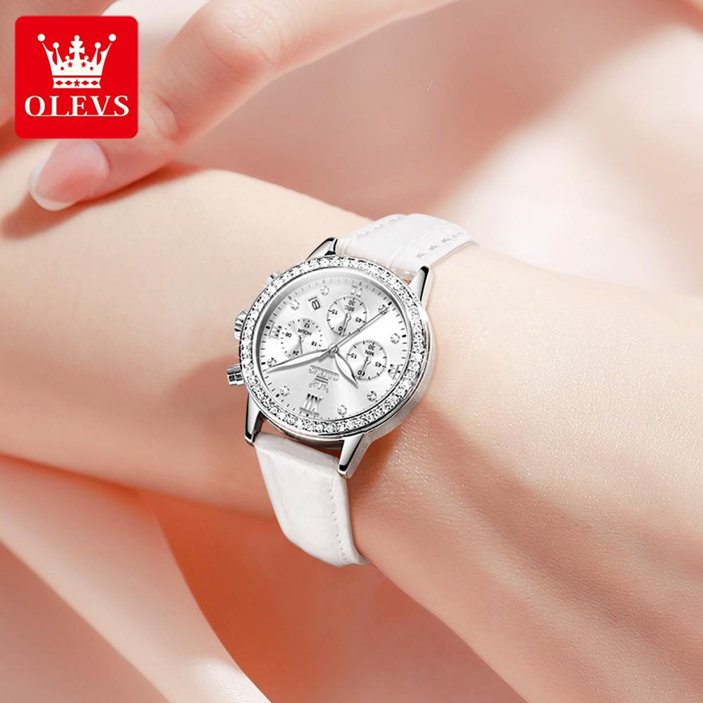 OLEVS Damen Uhren Top Marke Luxus Mode Zirkon Lünette Lederarmband Original Quarz Armbanduhr Wasserdicht Datum Chronograph