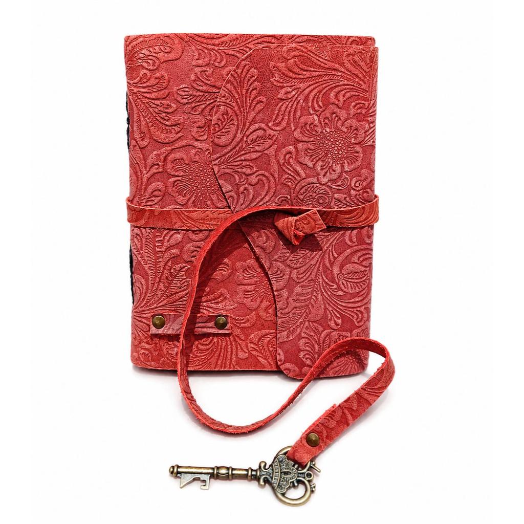 Handmade Embossed Leather Journal with Antique Key – Vintage Writing Diary