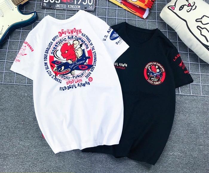 Japan Lucky Ghost Little Devil Shark Fighter Plane Printed Locomotive Cotton Short-sleeved T-shirt Men Women Half-sleeved Tide