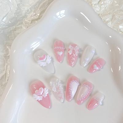 10 Stück handgepresste mandelförmige Nägel, schöne falsche Nägel, süße Herz-Nagelkunst, rosa Engel, geeignet für Frauen zur Verwendung