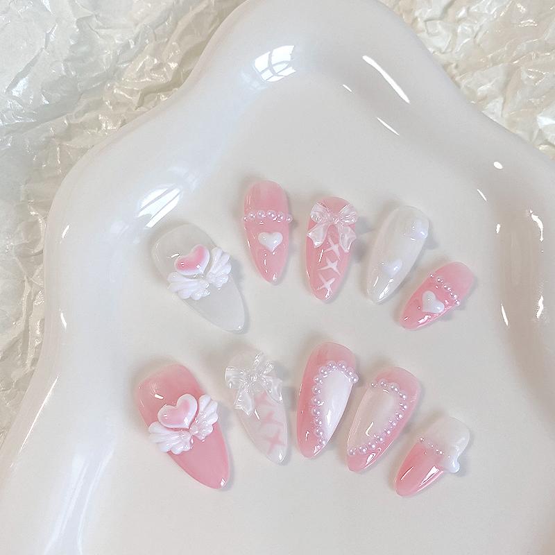 10PCS Hand Pressed Almond Shaped Nails, Beautiful Fake Nails, Sweet Heart Nail Art, Pink Angel, Suitable for Women To Use