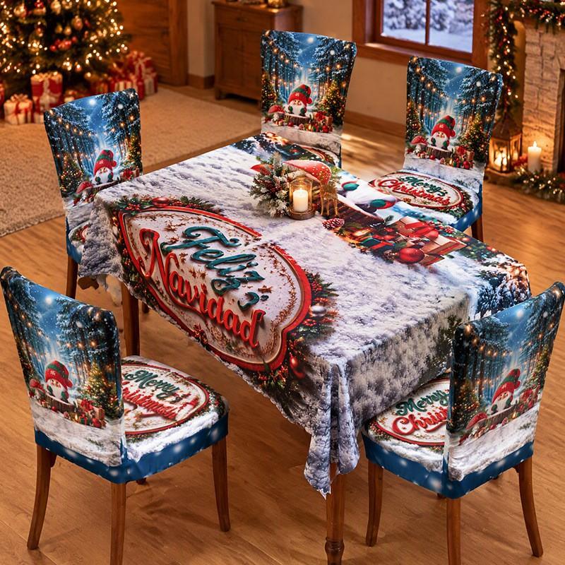 Christmas Chair Cover Tablecloth Set Stretch Santa Print Holiday Dinner Party Decor