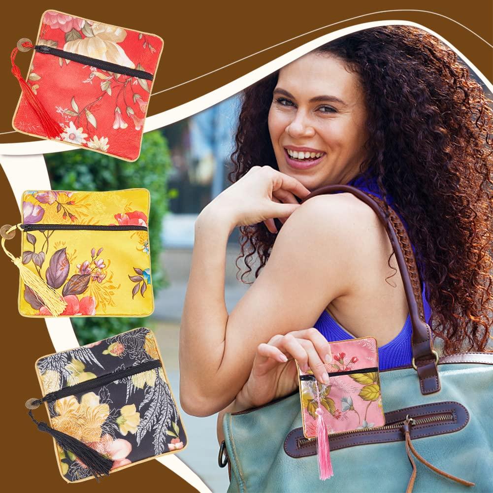 PandaHall 10 Cores Bolsa Estreita para Joias, Mini Bolsa Plana, Bolsa de Armazenamento de Acessórios, Estilo Chinês com Borla, Design de Flores, 11,5 cm, Perfeita para