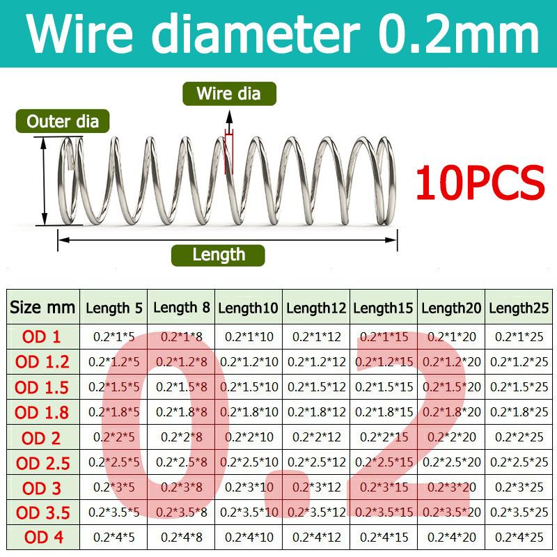 10pcs 0.2mm 304 Stainless Steel Compression Spring Length 5-25mm OD 1-4mm Spiral Pressure Spring 0.2mm
