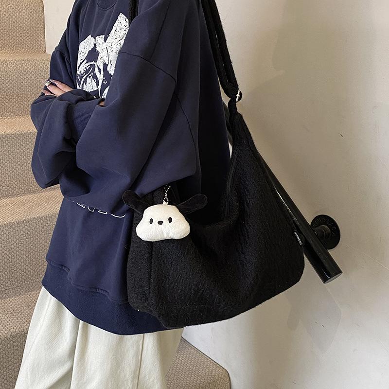 Korean version ins Lazy Wind Tote Bag Women's 2025 New Fashion Woolen Large Capacity Commuter Shoulder Bag Shopping Bag