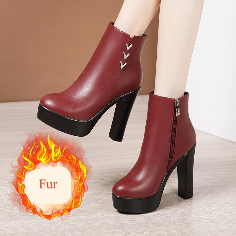 Fashion 13cm Small Size 32-43 Elegant Thick Platform Shoes Women Boots Winter 2025 Block High Heels Warm Fur Ankle Boots Office Model