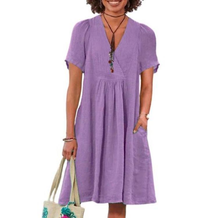 

Summer Casual Women Linen Cotton Dress V Neck Short Sleeve Sundress with Pockets A Line Swing Beach Vacation Dress XXXL фіолетовий