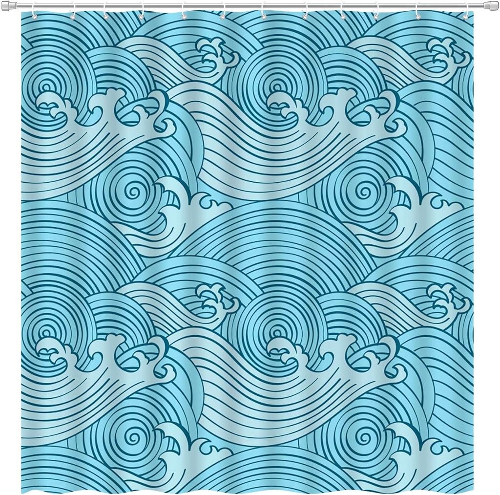 Blue Sea Wave Shower Curtain Japanese Ocean Waves Boho Abstract Striped Nautical Coastal Bathroom Decor Set with Hooks