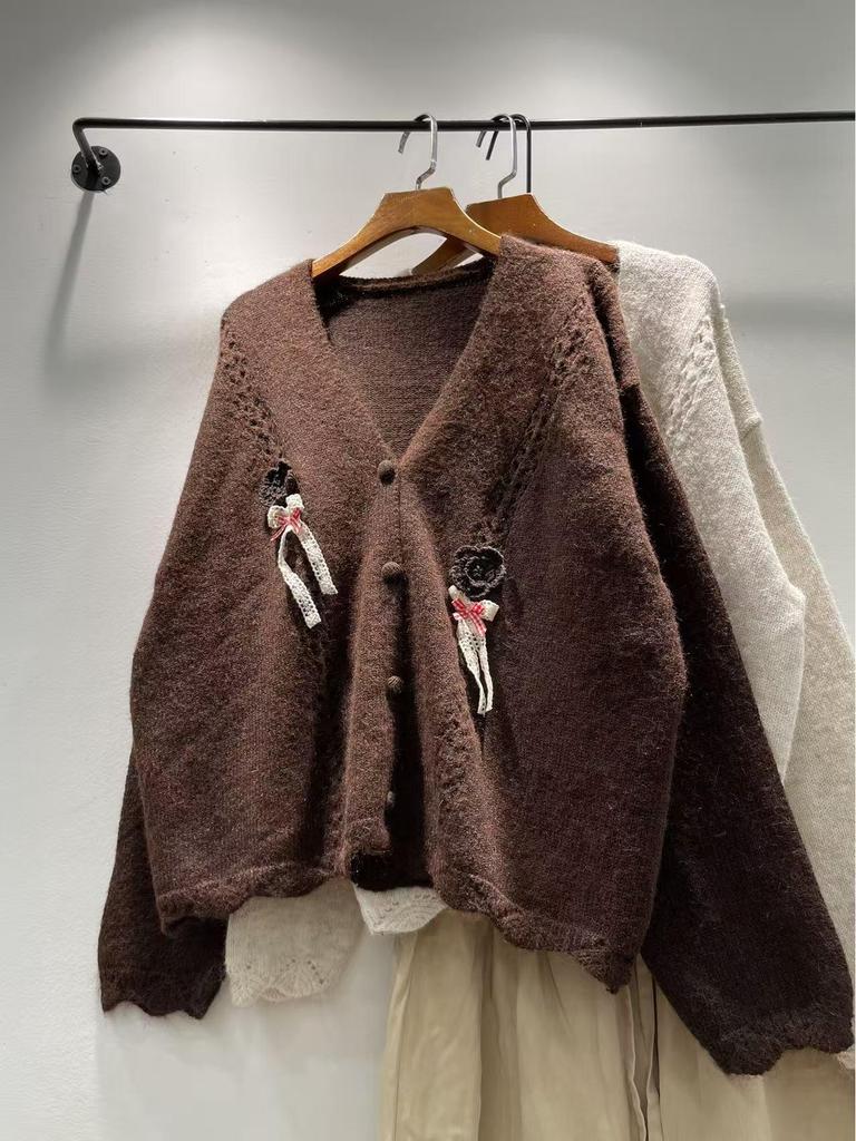 Women's Floral Applique V-Neck Loose Warm Cardigan Coat - Autumn/Winter Mori Girl Style