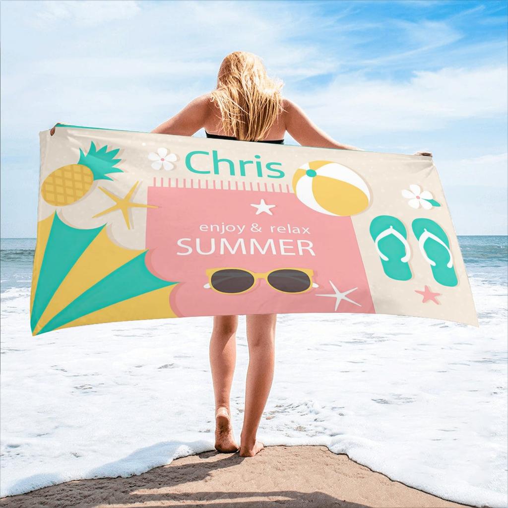 Custom Name Beach Towel Personalized Seaside Summer Beach Print Bath Towel for Kids Women Men Bath Towels for Travel Camp Swim