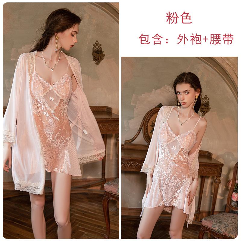 

Velvet chest pad mesh lace splicing bow embellishment nightdress robe loungewear set M free size