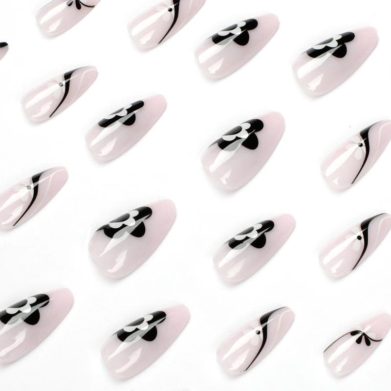 24Pcs/Set Quick Nails Simple French Black And White Flowers False Nials Sticker Wearable Waterproof Manicure Finished Nails