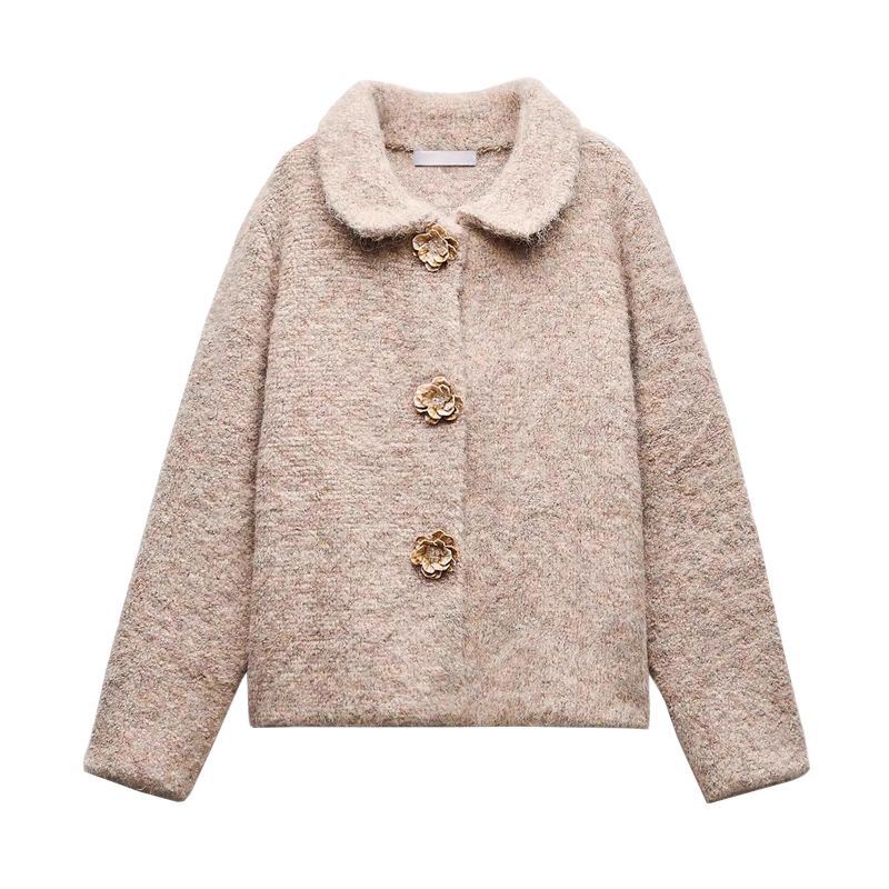 Spring New Women clothes French style Flower Shape Decorated Row Button Artificial Fur Effect Knitting Outerwear 9598175