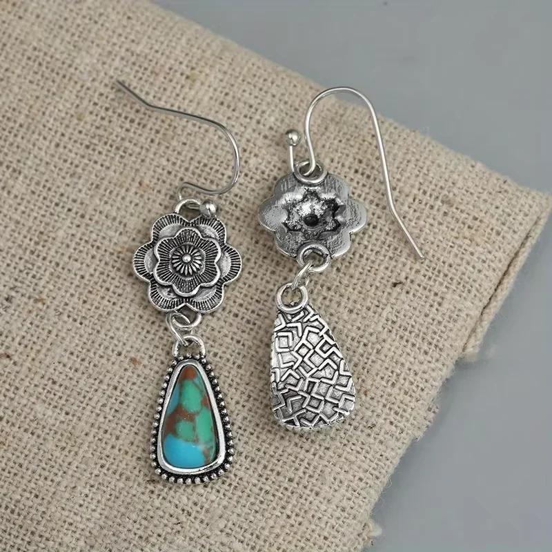 Vintage Ethnic Antique Flower Synthetic Turquoise Pendant Earrings For Birthday Parties Fashionable Jewelry Customization Gifts
