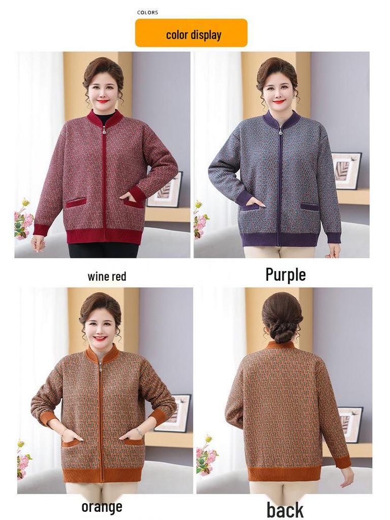 Fat Mama Plus Size Fleece-Lined Cardigan: Warm Autumn Winter Sweater for Middle-Aged & Elderly Women