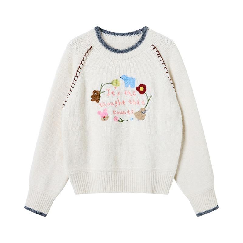 

Vintage Embroidered Sweater Women Korean Style Loose Fit Casual Top Floral Design XL