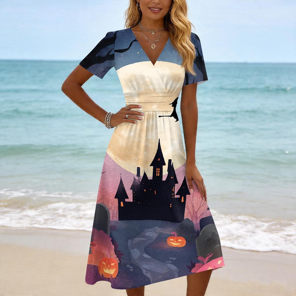 Women's Casual V Neck Short Sleeve Dress Halloween Ghost Print Knee Length Dress Lightweight Comfortable Fit for Everyday Wear