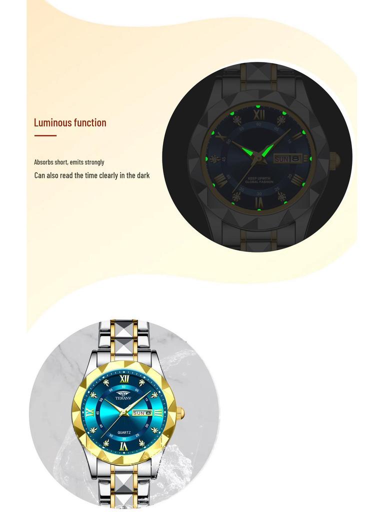 Women's Luminous Diamond Pattern Waterproof Quartz Watch with Double Calendar and Solid Band.