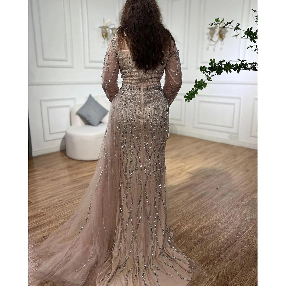 Light luxury one-shoulder long-sleeved fishtail split long dress gray heavy industry beaded banquet evening dress LA11811A