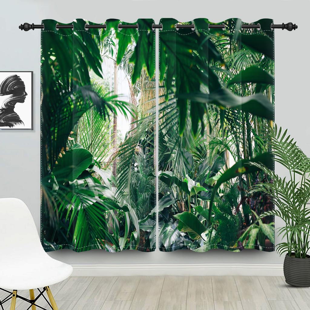 2pcs/set Blackout Curtains Sunny Forest Natural Green Space Landscape Polyester Window Bedroom Kitchen Home Interior Curtains
