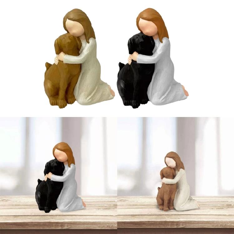 Girl Hold Dog Statue Desk Ornament Resin Sculpture Friendship Figure Crafts