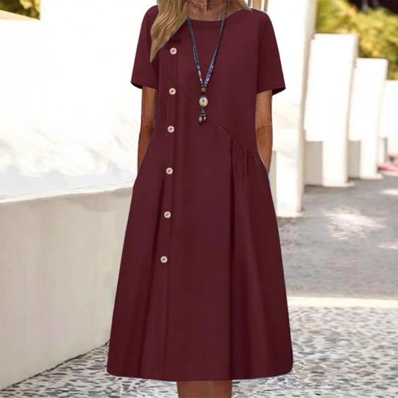 New Casual Button Pocket Mid Length Dress