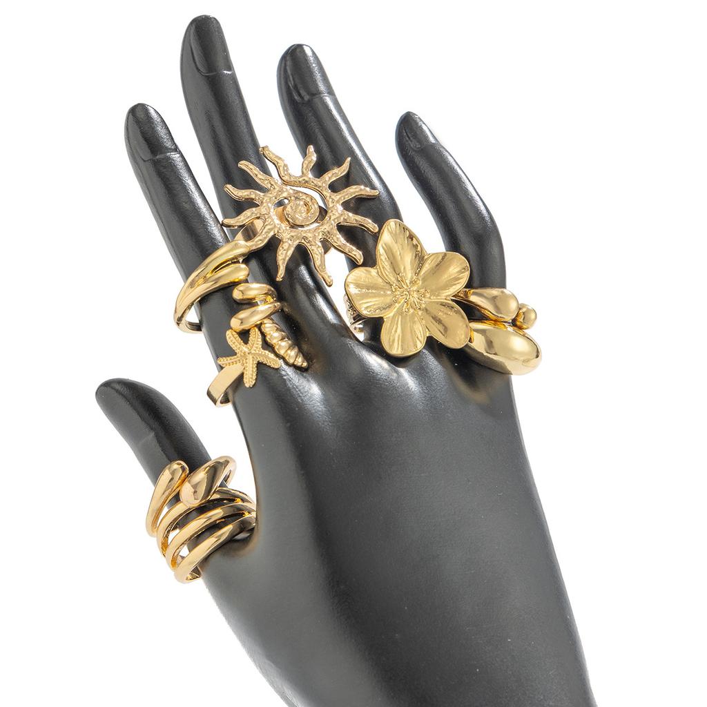 Summer Vacation Starfish Scallop Open Ring Set for Women Men Gold Color Glossy Alloy Flower Adjustable Ring Jewelry Gift