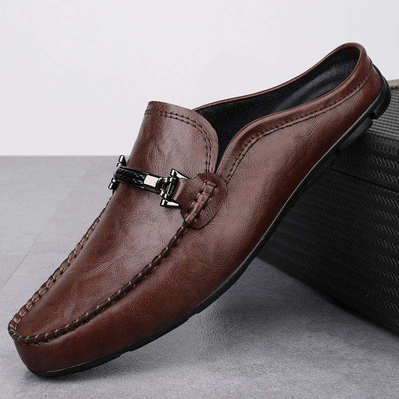 Fashion 2025 Summer New Men's Half Dragged Loafers Leather Comfortable Anti Slip Lazy Fashionable Outdoor Men's Breathable Driving Shoes