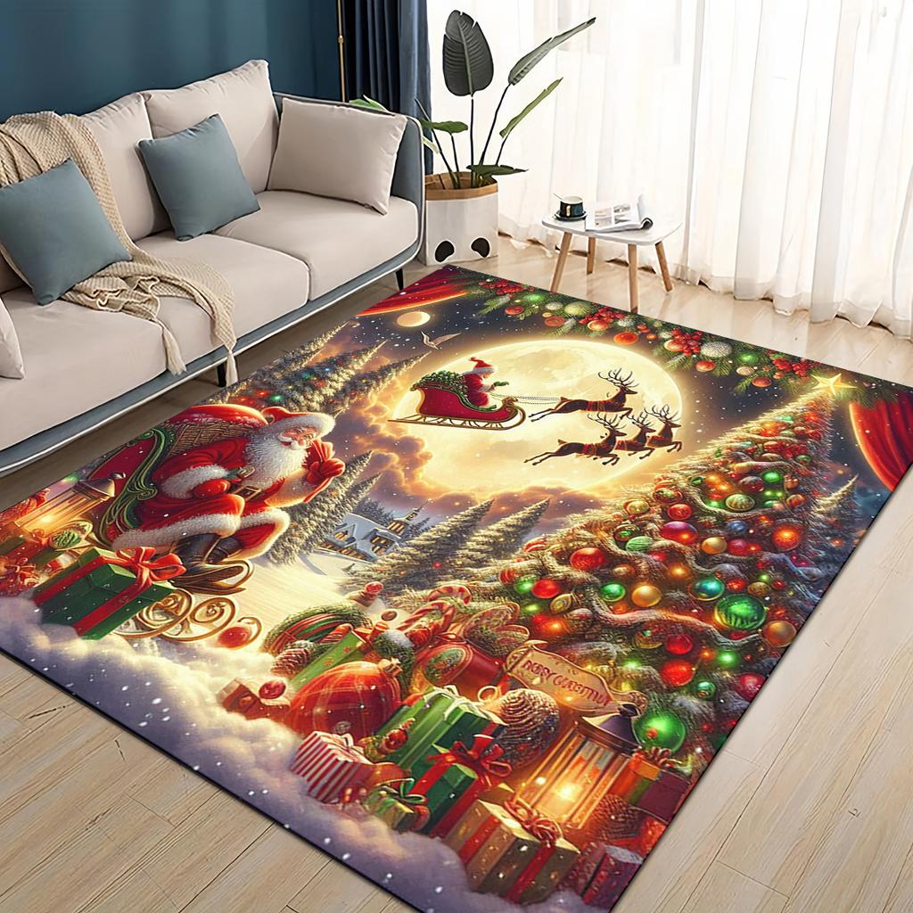 Merry Christmas Cartoon Santa Claus Snowman New Year Gift Carpet Rug for Living Room Bedroom Home Sofa Decoration,Non-slip Mat