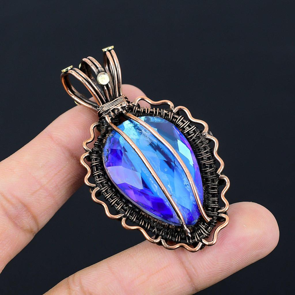 Apatite Bleu Gemme Topaze Argent Pendentif Fait à la Main Bobo Bijoux