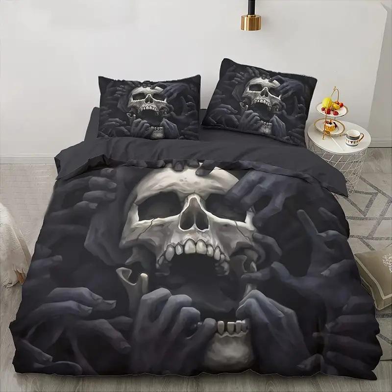 Sugar Skull Duvet Cover King, 3D Skull Bedding Set for Boys Girls, Bones Skeleton Blue Roses Comforter Cover with Pillowcases