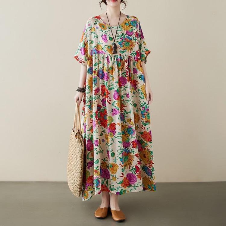 Vintage Květinové Bavlněné Letní Šaty Plus Size pro Ženy Ležérní Volné Dlouhé Krátký Rukáv Nové v Šatech