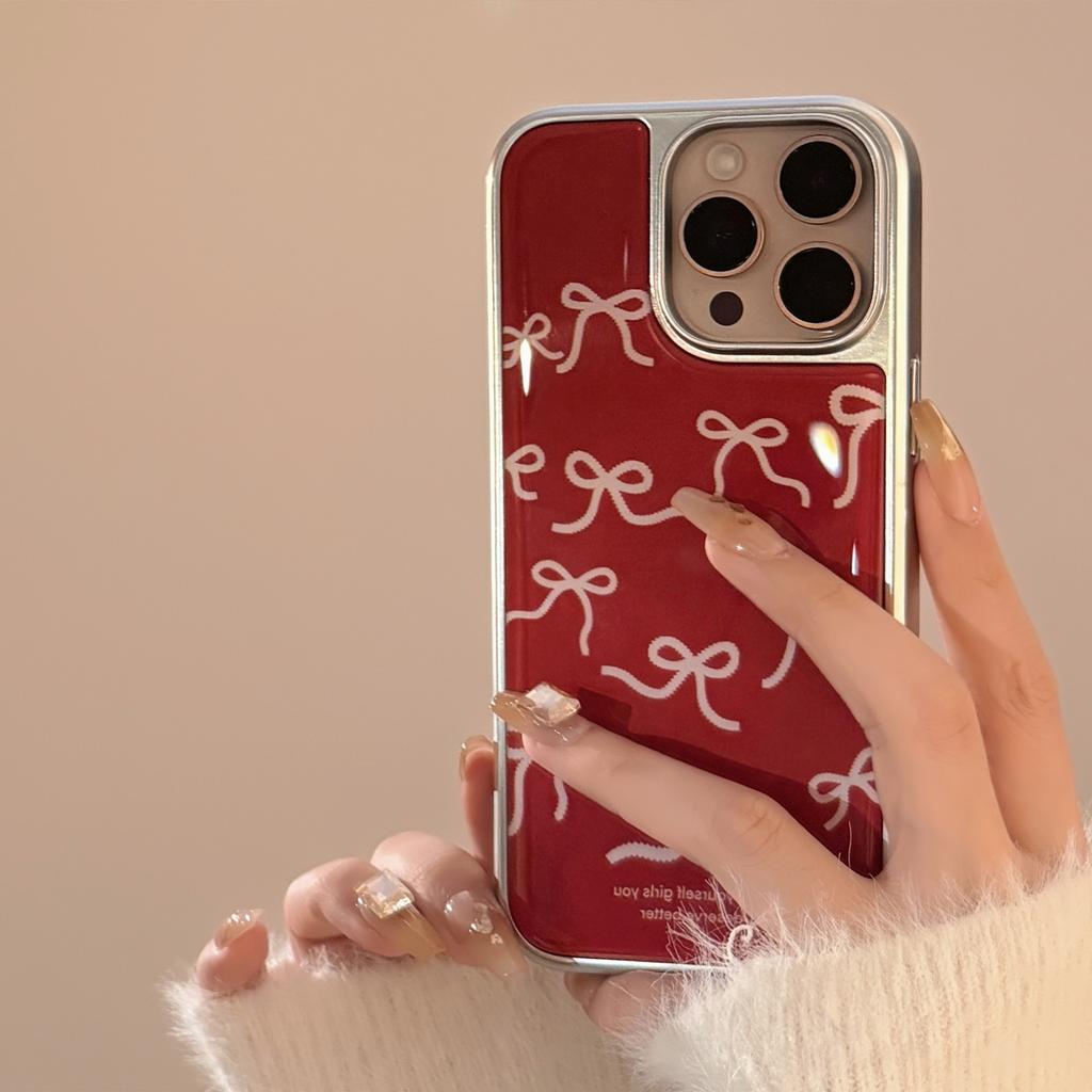 Wine Red Retro Iphone16 Suitable for Apple 15 Promax Mobile Phone Case 13 Red Bow 14 Drop Glue Huawei