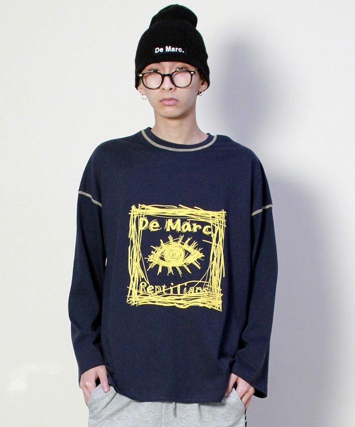 Deumakeu Square Graphic Stitch Long Sleeve T-Shirt Navy