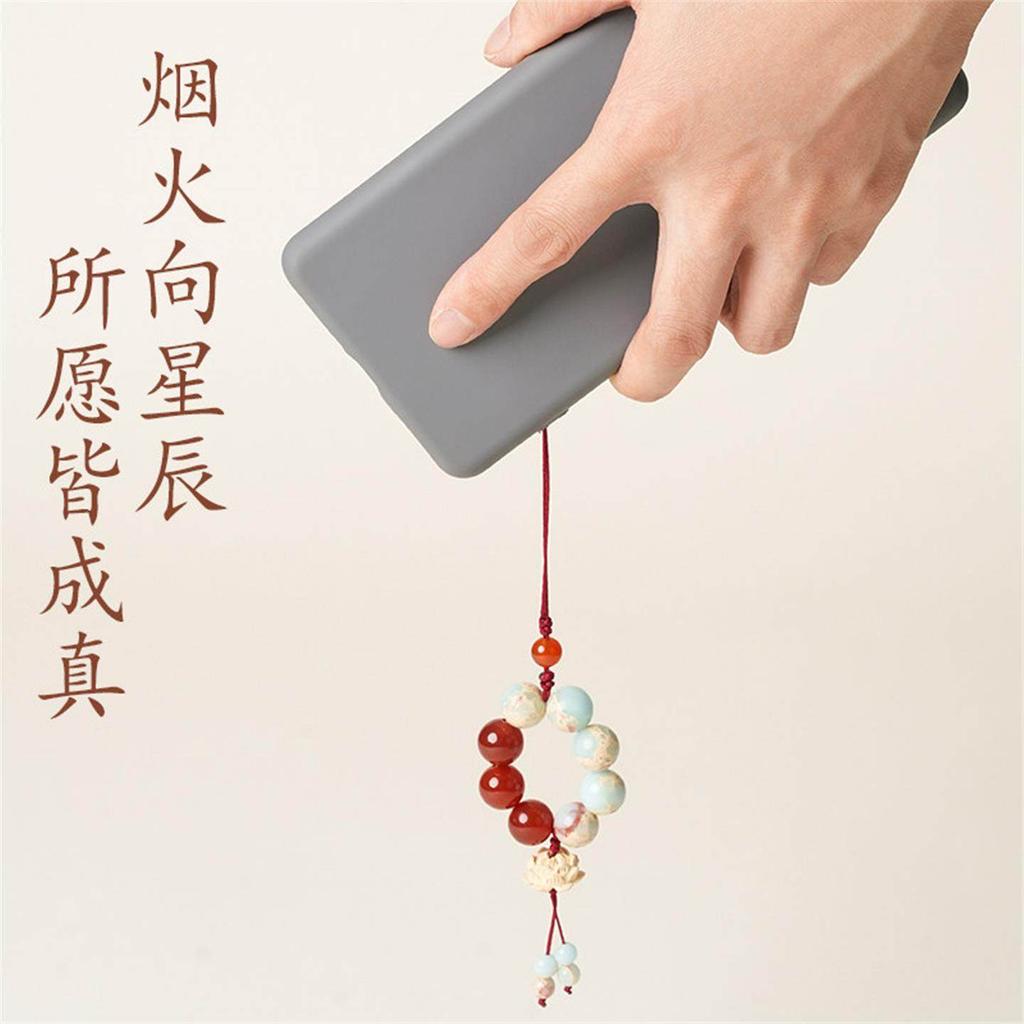 Putuo Mountain Shoushan Stone Wooden Lotus Phone Chain, Auspicious Red Agate Chain, Women's Traditional Chinese Style Handmade Woven Gift Pendant