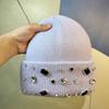 Luxury Rhinestone Rabbit Fur Knit Hat for Women, Autumn and Winter White Knitted Hat, Large Head Circumference, Face Slimming, Trendy Beanie