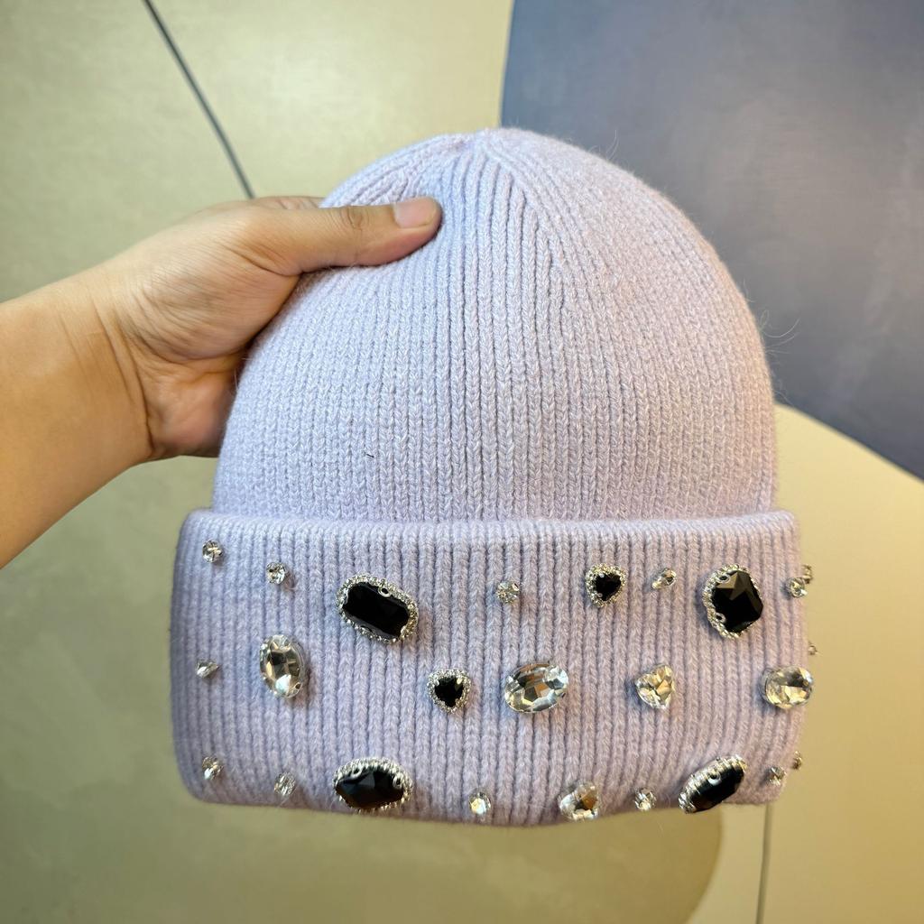 Luxury Rhinestone Rabbit Fur Knit Hat for Women, Autumn and Winter White Knitted Hat, Large Head Circumference, Face Slimming, Trendy Beanie