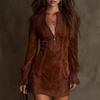 Women'S Zipper Lace Splicing V-Neck Long Sleeve Loose Embroidered Dress