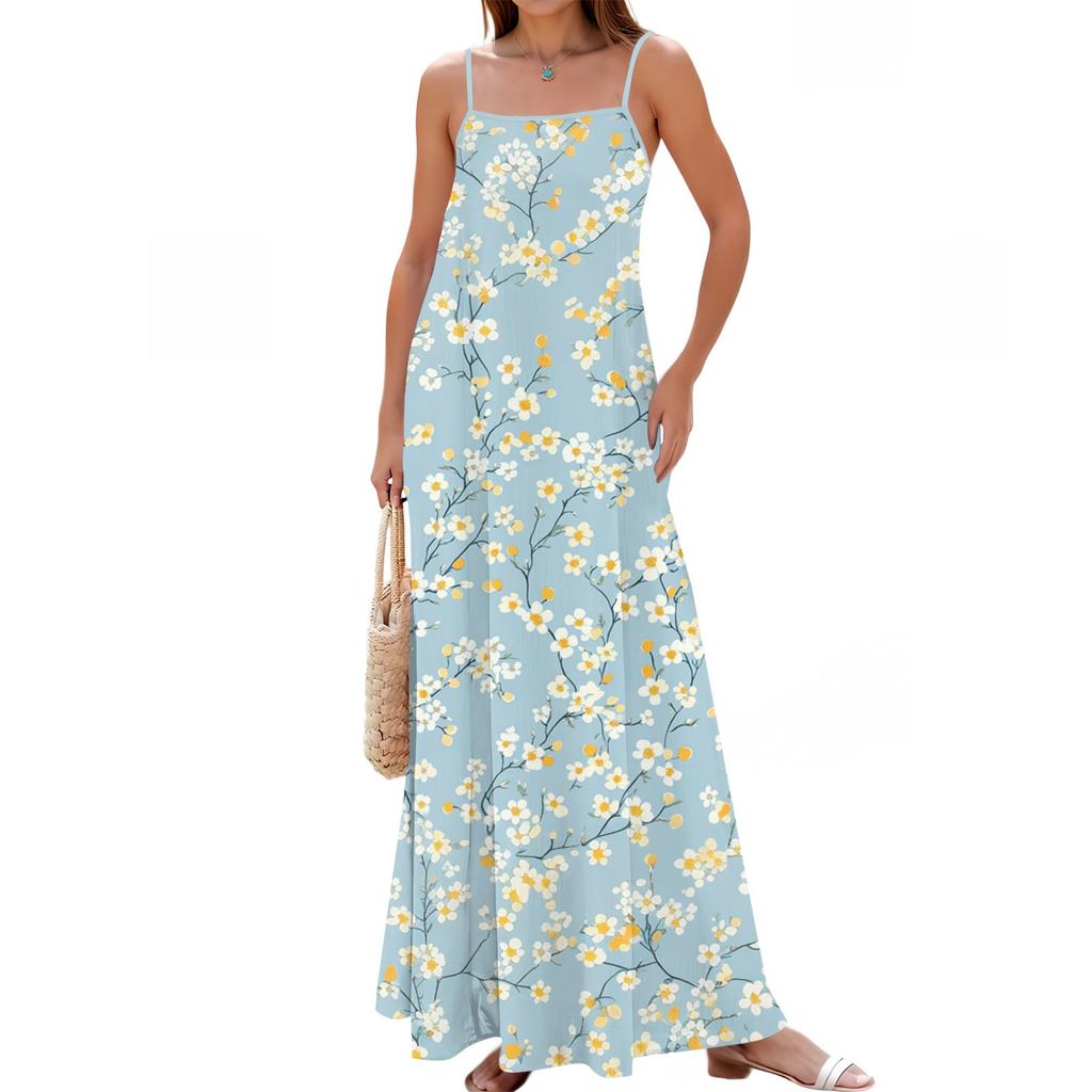 Dámské jarní a letní ležérní módní nastavitelné šle s potiskem dlouhých šatů