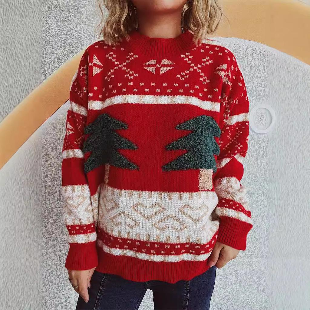 Christmas sweater women's casual round neck knitted Christmas tree cartoon jacquard holiday New Year sweater 3517 KTB