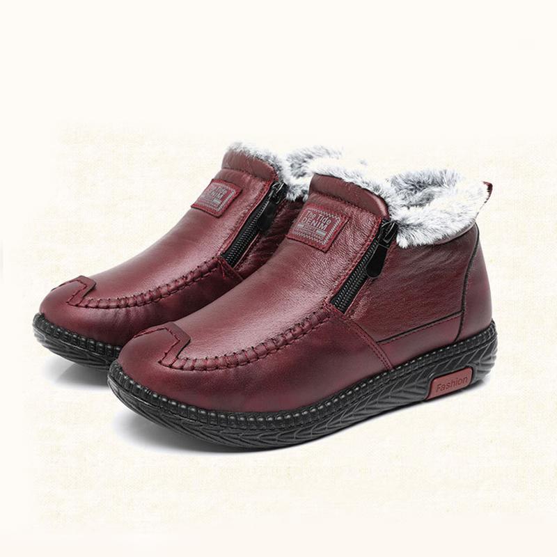 Fashion Women's Boots Plush Female Shoes Anti-slip Womens Snow Boot Winter Cotton Leather Shoes Casual Ankle Boots Black Red Botas Mujer