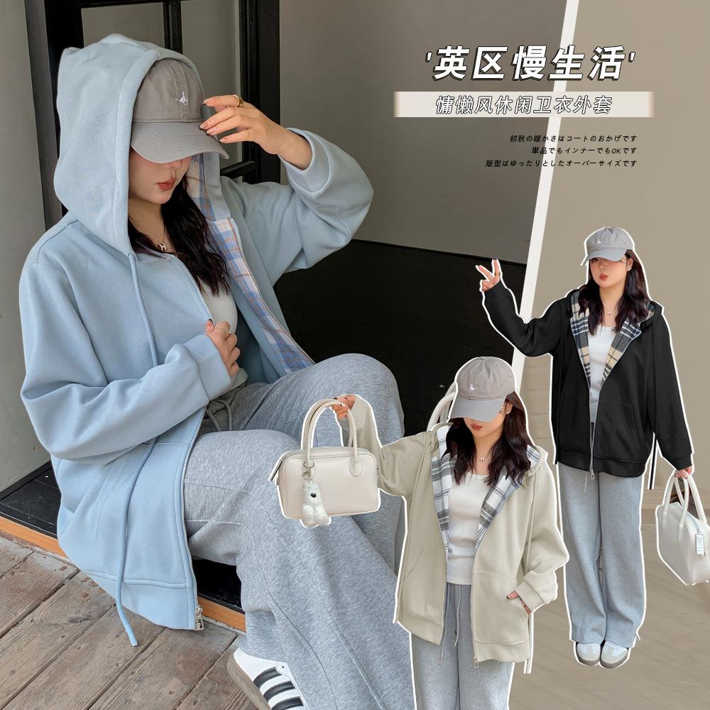 Women's Hooded Zip Up Hoodie Jacket Loose Fit Plus Size Plaid Lined Contrast Casual Long Sleeve Outerwear For Autumn